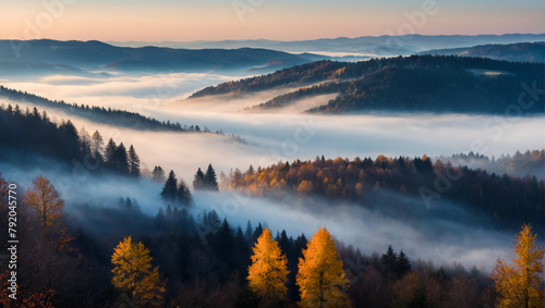 Mystical Autumn Fog in Black Forest  Autumnal Trees  and Firs - Generative AI