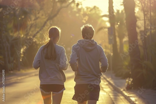 young couple running in the park, seen from behind. A man and woman exercising outside in the morning.