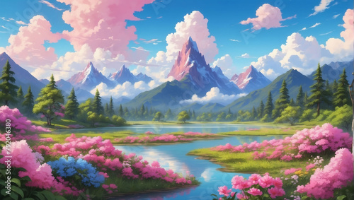 Vibrant scenery featuring lush trees, pink-hued mountains, and a serene blue sky adorned with fluffy white clouds and floating flowers.