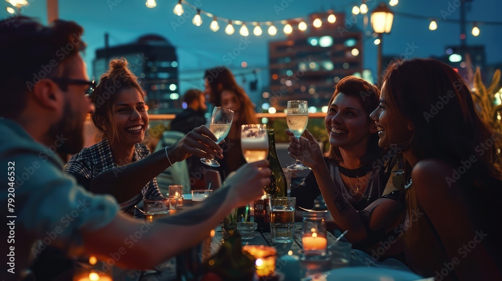 A group of friends gathered around a table at a rooftop bar, their faces illuminated by the soft glow of city lights as they toast to friendship,