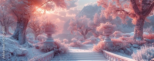 Dreamlike infrared fantasy garden with ethereal trees and classical sculptures