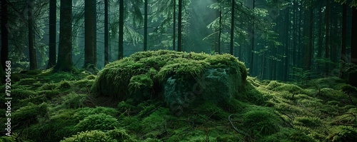 Mystical forest scene with vibrant green moss and filtered sunlight