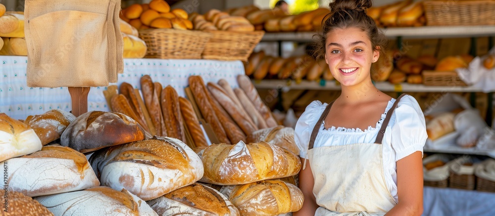 Young female baker apron selling freshly baked bread farmers market stall.