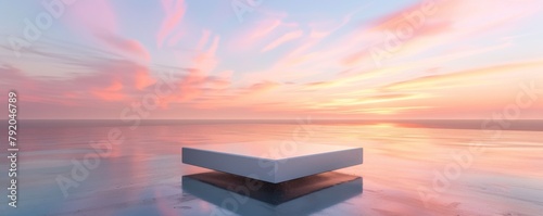 Minimalist white platform overlooking a serene sunset at the ocean