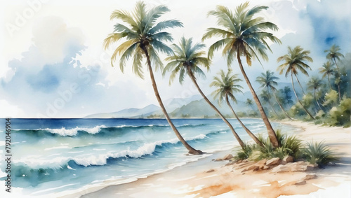 Watercolor artwork depicting palm trees swaying by the seaside, with a calming ocean scene, presented on a white background.