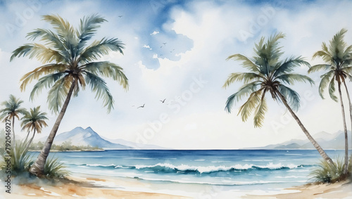 Watercolor artwork depicting palm trees swaying by the seaside  with a calming ocean scene  presented on a white background.