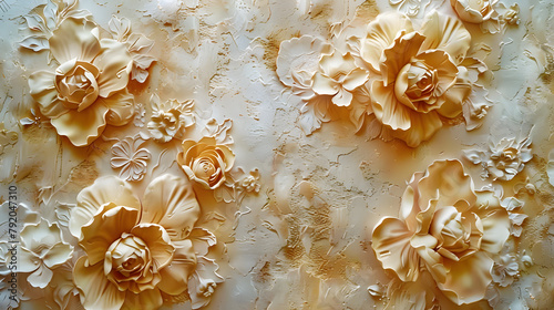 Light decorative texture of a plaster wall with voluminous decorative flowers and golden elements. © Prasanth