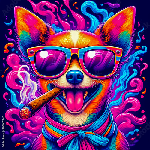 Digital art of a psychedelic cool chihuahua with sunglasses smoking a blunt