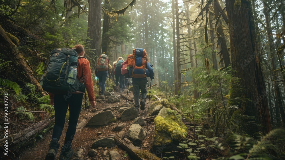 A group of friends hiking through a lush forest trail, their faces flushed with exertion and excitement as they navigate rocky terrain and towering trees, 