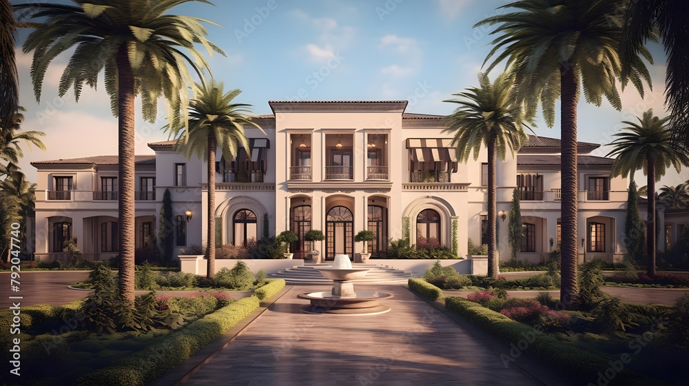 3d rendering of a luxury villa with palm trees at sunset