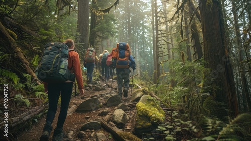 A group of friends hiking through a lush forest trail, their faces flushed with exertion and excitement as they navigate rocky terrain and towering trees, 