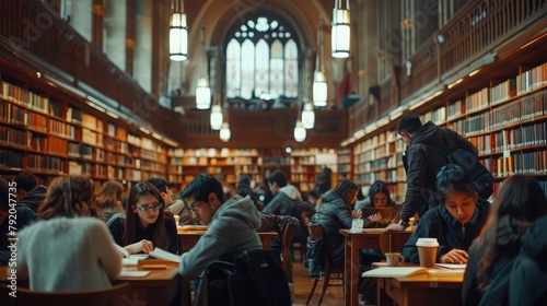 A group of students engaged in lively discussion in a university library  surrounded by towering bookshelves and the soft glow of reading lamps  