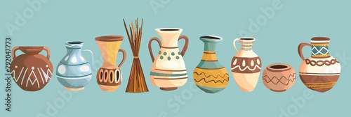 A row of vases with different designs and colors. The vases are arranged in a line, with some of them having a brown base and others having a white base. The vases are of various sizes and shapes