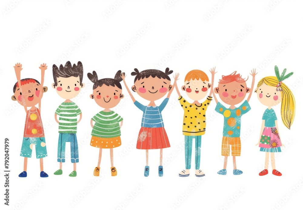 A collection of simple children's drawings, featuring happy people in various poses and expressions. The characters have exaggerated features with large heads and slim bodies, wearing fashionable A collection of simple children's drawings, featuring happy people in various poses and expressions. The characters have exaggerated features with large heads and slim bodies, wearing fashionable