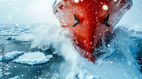 close-up of an icebreaker breaking through the ice of a frozen sea