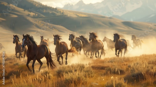 A herd of wild horses galloping across an expansive prairie, their powerful muscles rippling beneath sleek coats as they kick up dust and exude the spirit of untamed freedom. photo