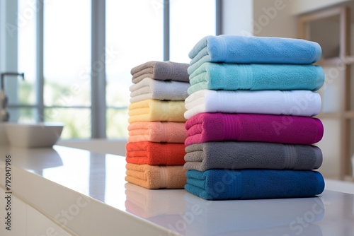 A stack of colorful towels arranged on an elegant marble countertop. Towels meticulously arranged in a modern bathroom under natural light.