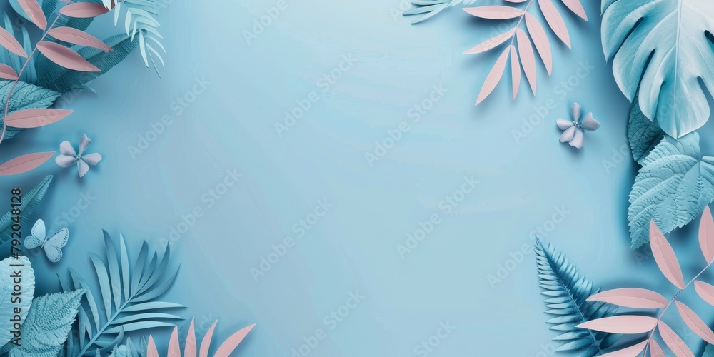 A blue background with pink leaves and flowers
