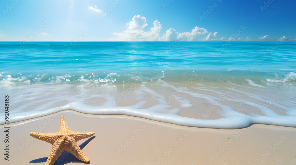 Beautiful beach with soft waves and starfish on the sand Beautiful beach with soft waves and starfish on the sand
