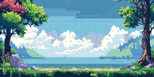 A computer generated image of a forest with a lake in the background. The sky is cloudy and the trees are green