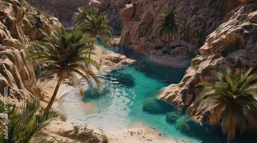 A hidden oasis nestled amidst towering sandstone cliffs, its emerald waters shimmering in the desert sun as palm trees sway gently in the breeze, offering a cool and refreshing respite © Khalif