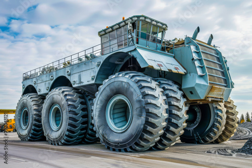 A large truck with huge tires is parked on the side of the road. The truck is blue and has a lot of space for cargo. Scene is one of awe and wonder, as the size of the truck is impressive photo