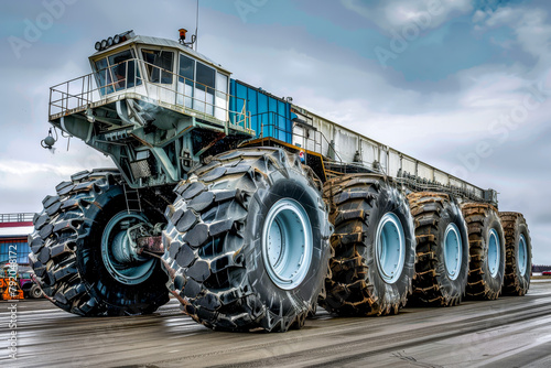 A huge truck with huge tires is parked on a road. The tires are covered in snow and the truck is very large photo