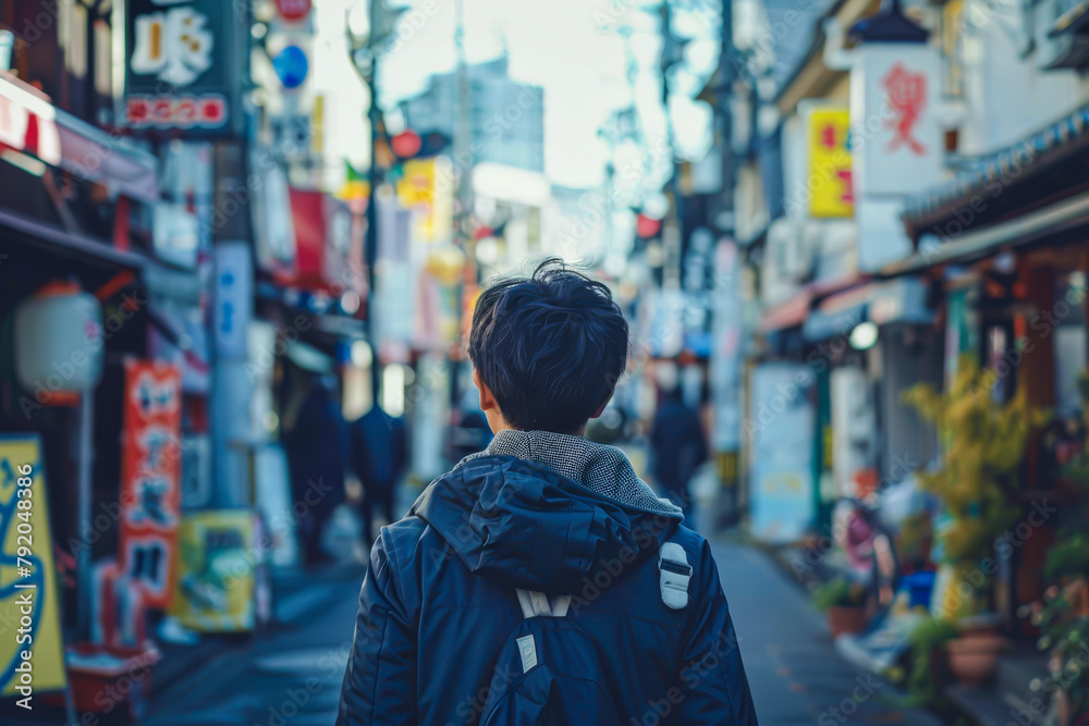 A man wearing a black coat and a backpack walks down a street in a foreign city. The street is lined with shops and restaurants, and there are several people walking around