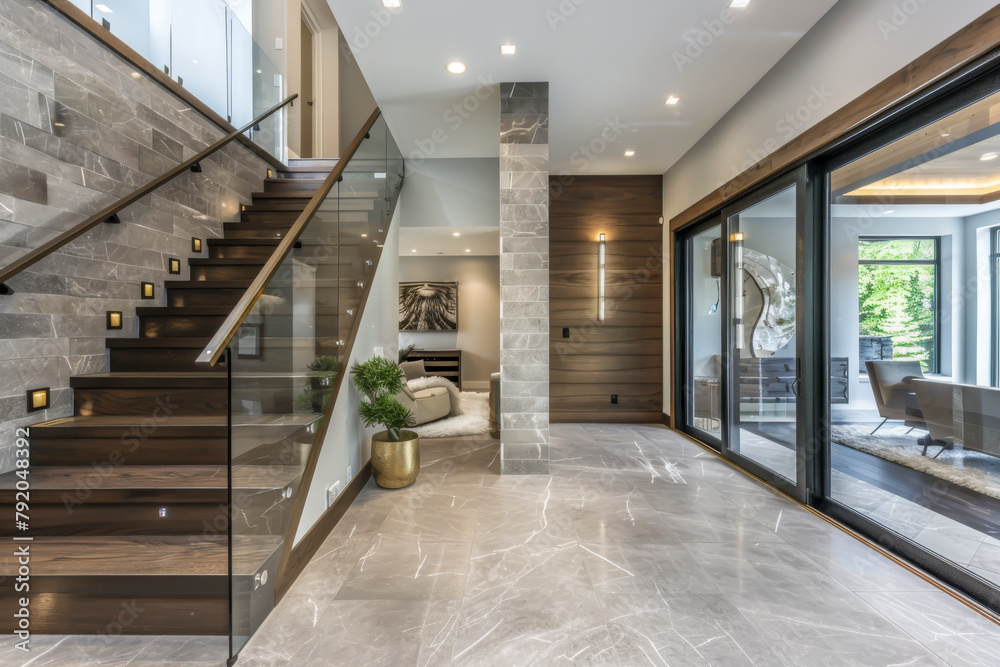 A large open living room with a staircase leading up to a second floor ...