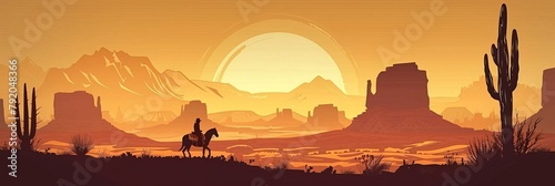 A cowboy riding a horse through the desert at sunset. The scene is peaceful and serene  with the sun setting in the background