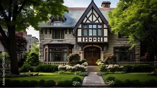 A panoramic shot of a beautiful house surrounded by greenery