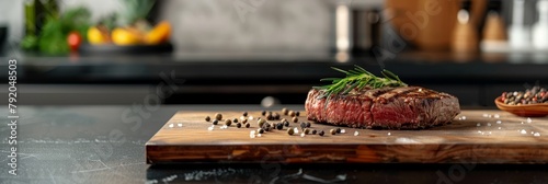 A steak with pepper and herbs on a wooden cutting board