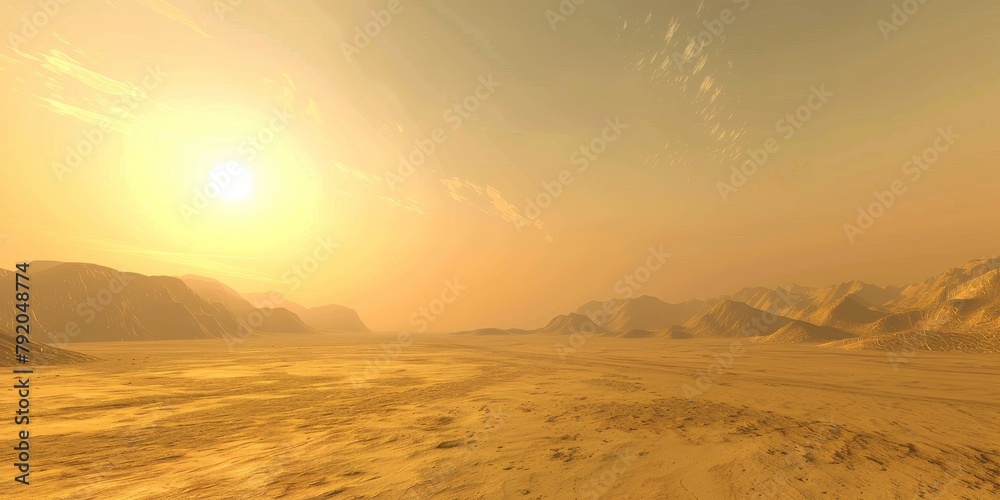 A desert landscape with a sun in the sky
