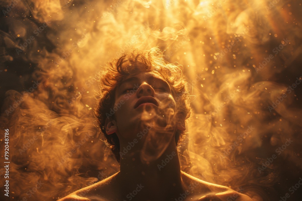A man looking up with his eyes closed, illuminated in the style of the golden rays of light from above. The background is filled with smoke and dust, creating an atmosphere full of mystery and magic.