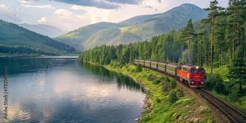 A train is traveling down a track next to a river. The train is red and is surrounded by trees. The scene is peaceful and serene, with the train moving through the beautiful landscape