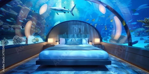 A bed is in a room with a large aquarium. The bed is blue and the aquarium is filled with fish