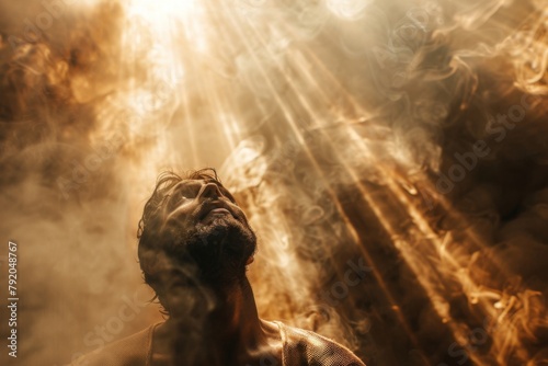 A man looking up at the sky, with rays of light shining down on him from above. The background is filled with smoke and dust. He has his head tilted upwards in joyous wonder