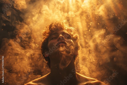 A man looking up with his eyes closed  illuminated in the style of the golden rays of light from above. The background is filled with smoke and dust  creating an atmosphere full of mystery and magic.