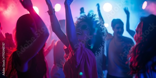 A woman is dancing with a group of people at a party. The atmosphere is lively and fun  with everyone enjoying themselves