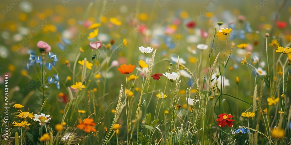 A field of flowers with a variety of colors including yellow, red, and blue. The flowers are scattered throughout the field, creating a vibrant and lively atmosphere