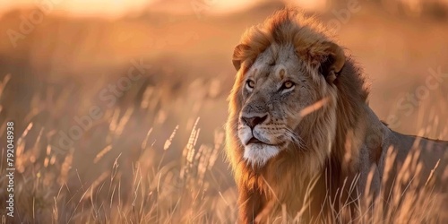 A lion is standing in tall grass with the sun shining on it. The lion is looking to the right