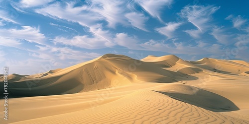 A desert landscape with a blue sky and clouds. The sky is clear and the sun is shining brightly. The sand dunes are tall and the landscape is peaceful and serene