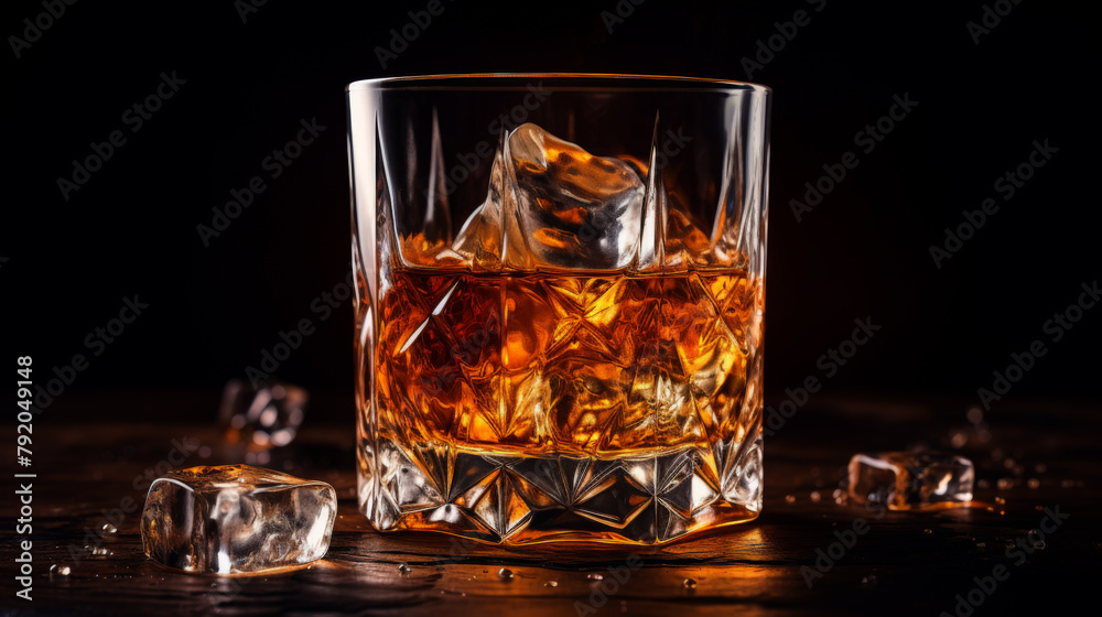 Amber-colored single malt scotch whisky in an old fashioned glass with ice cubes on a rustic wooden table. The glass is in the lower right corner, creating a cozy atmosphere for enjoying a drink.