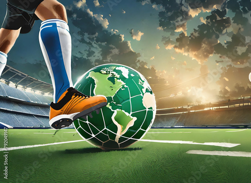 Soccer Player Kicking a ball designed to look like global map in a Stadium at Sunset