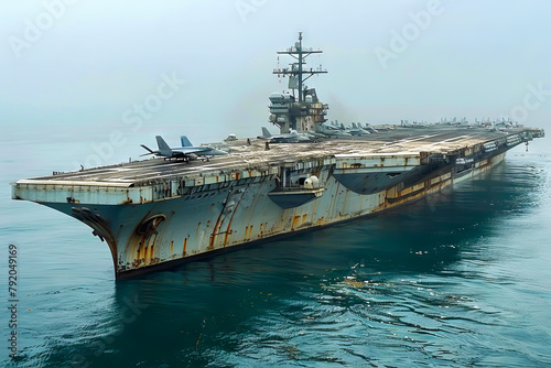 A large, rusted, old Navy ship is sailing in the ocean. The ship is surrounded by water and has a few planes on it. Scene is somewhat melancholic, as the ship appears to be abandoned