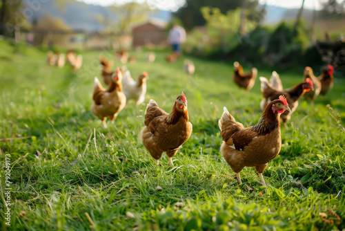 A group of chickens are walking in a field. The chickens are brown and white. The field is green and lush