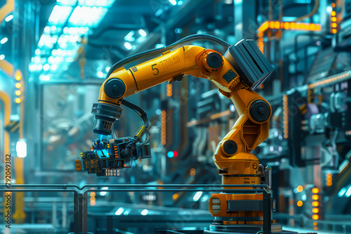 A robot with the number 5 on its arm is in a factory. The robot is surrounded by other robots and machinery. The scene is industrial and futuristic