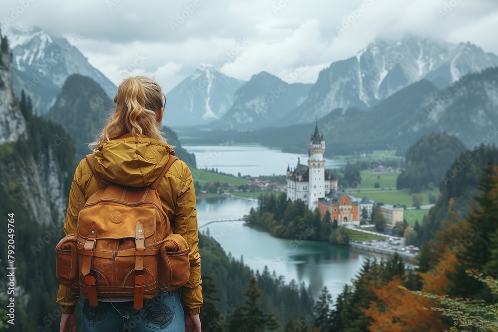 Woman Standing on Top of Mountain Overlooking Lake