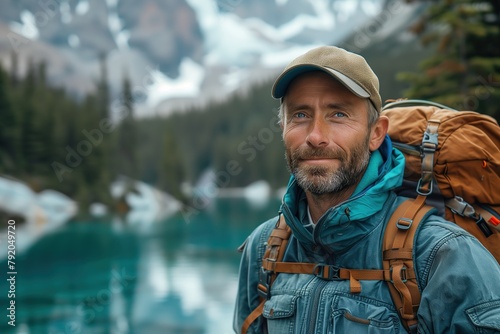Man Standing With Backpack at Lake
