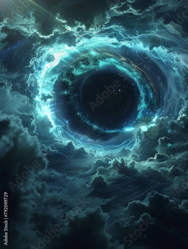 Ethereal Wormhole Enveloped by Storm Clouds - A mesmerizing wormhole opens amidst a tempest of clouds glowing with bright blues and whites, hinting at other dimensions